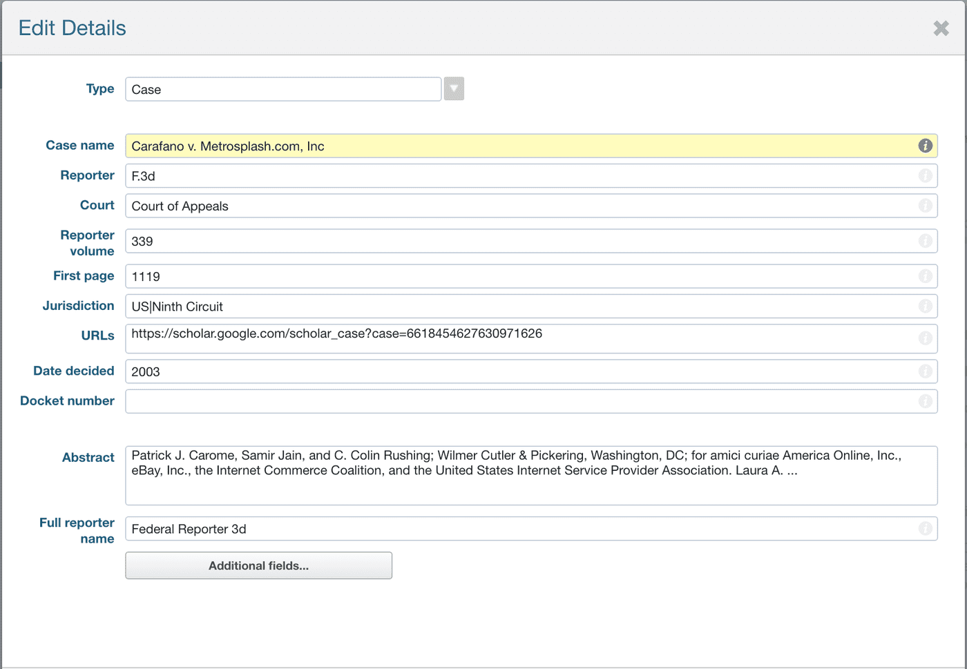 Editing metadata for legal cases